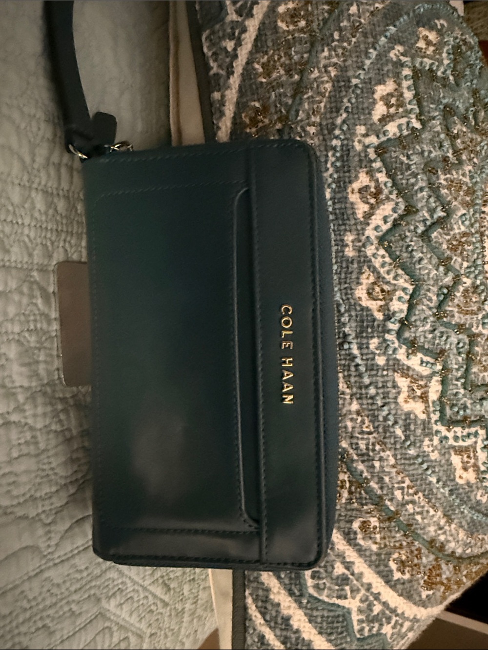 Cole Haan Teal Leather zip close wristlet wallet with Gold Logo